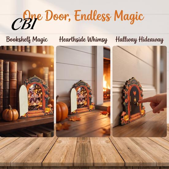 Unique Halloween Shelf Decor Mouse Hole Wall Decoration, Retro Arched Fairy Door with Pumpkin Decoration & Flower Decor, Miniature Openable