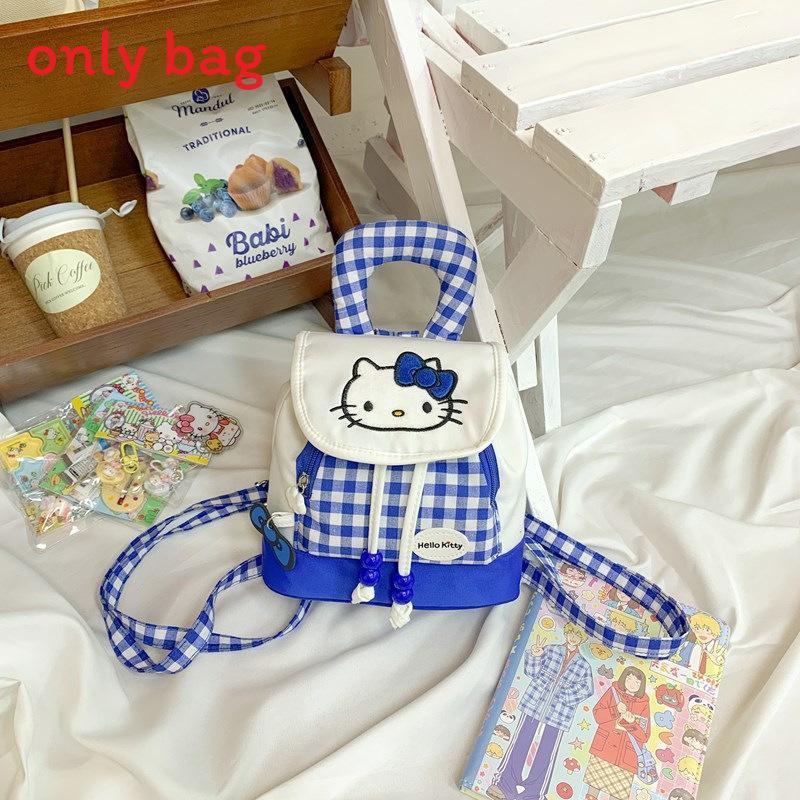 Cute Hello Kitty And Plaid Pattern Girl Canvas Backpack For Daily Use