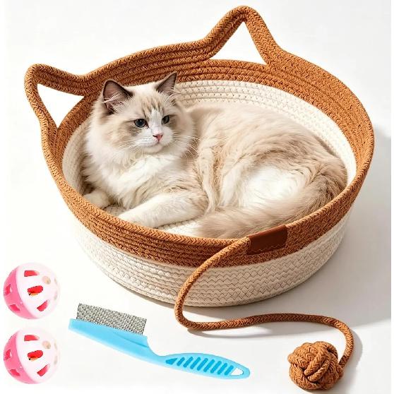 Cat Instinct Basket - Hand-woven Cotton Rope Fun Bed, Equipped with a Toy Tail, Suitable for Scratching and Interactive Pet
