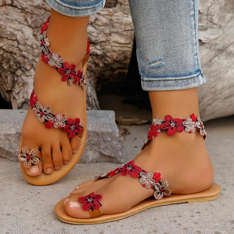 2025 летние новые босоножки бордовые цветочные женские туфли на плоской подошве большие размеры пляжные босоножки сандалии