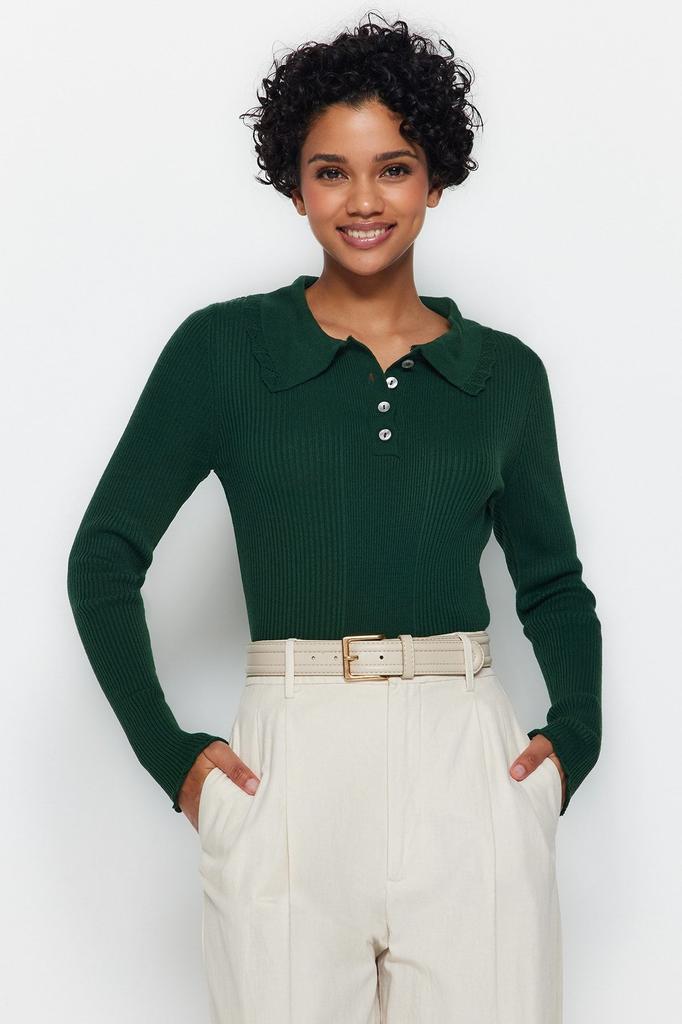 Женский модный новый свитер Изумрудно-зеленый трикотаж с вырезом поло