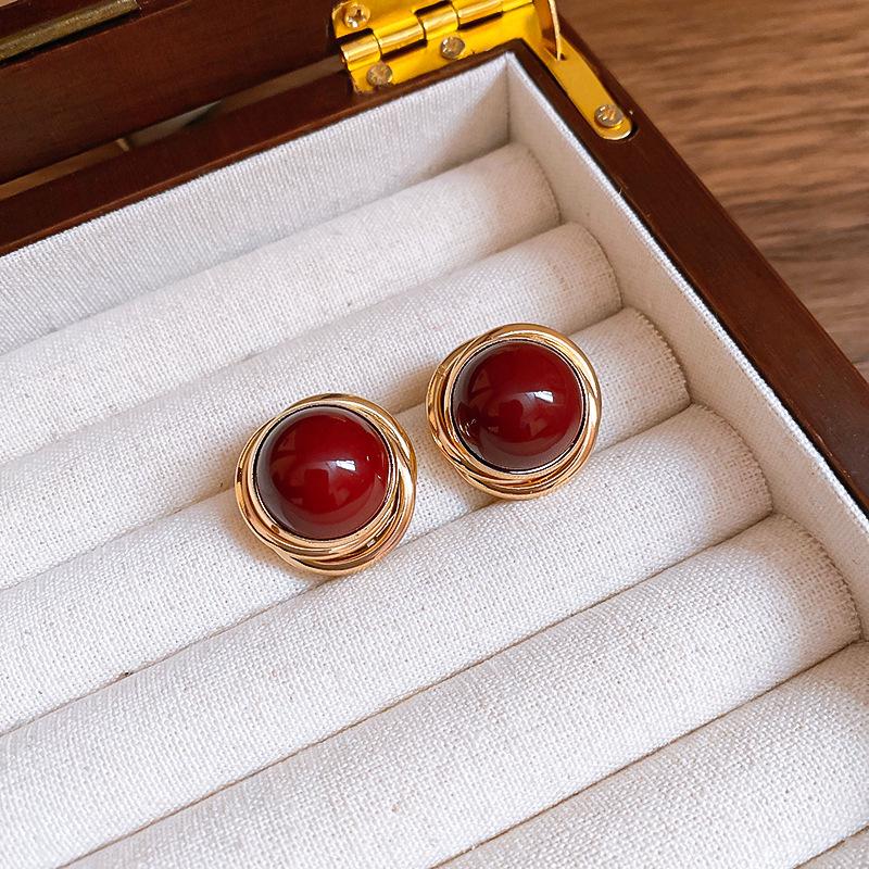 Ankara Red Stud Earrings: Silver Needle Drip Oil, Simple and Versatile Fashion for Women.