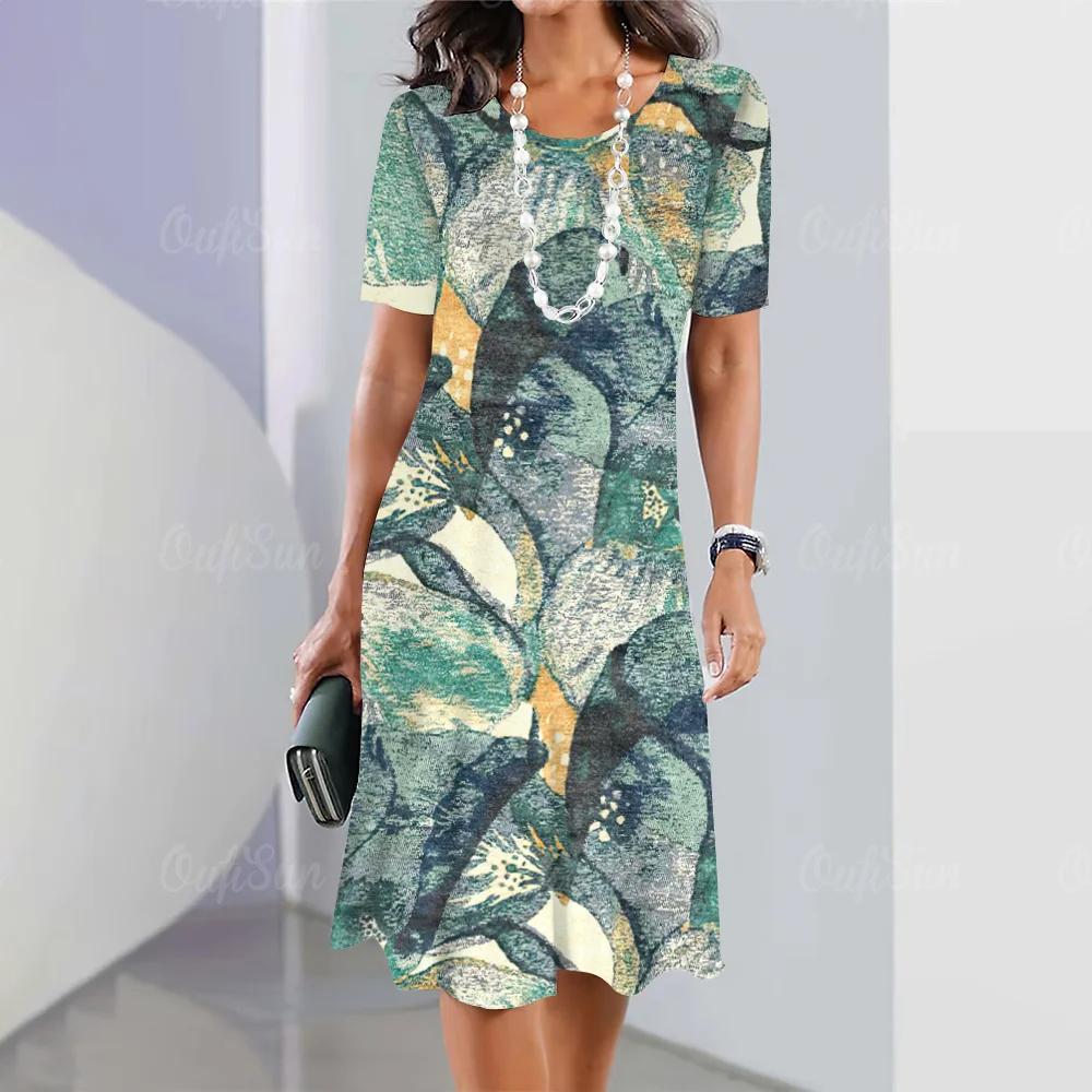 Summer Woman Clothing Short Sleeves Dresses Irregularly Printing Long Dress 3d Retro Women's Clothing Loose Round Neck Pullover