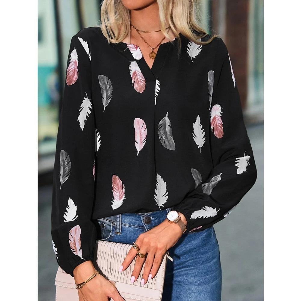 GMXIA Women's Spring Summer V-neck Feather Print Long Sleeve Loose T-shirt Top for Women