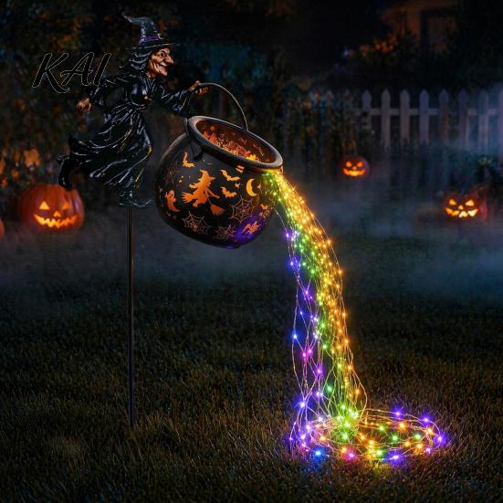 Colorful Flowing Water Light Effect Halloween Witch Cauldron Garden Light, Metal Yard Stake with LED String Outdoor Decorations Lights, Waterproof Pot