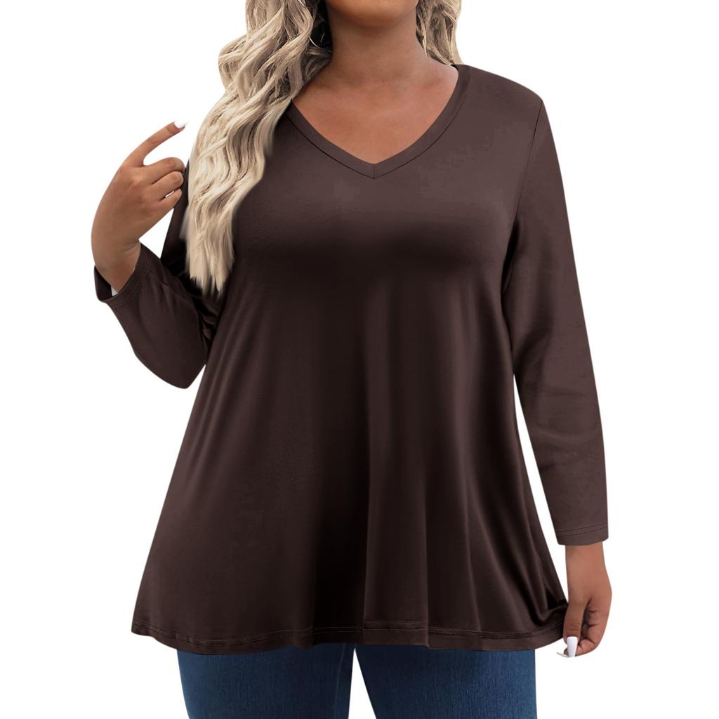 Womens Plus Size Tops Long Sleeve Shirts V Neck Casual Clothing Clothes Solid Color Tops