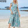 Women's Fashion Summer Spring Flower Pattern Print Short Sleeve V-Neck High Waist Casual Dresses