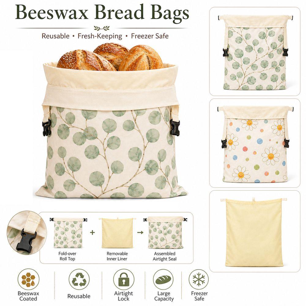 Reusable Beeswax Bread Bags Beeswax Coated Large Capacity Sourdough Bread Bags Freshness Preservation Lock Closure