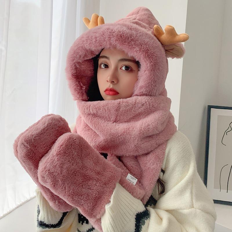 Hat women's autumn and winter scarf integrated cute trendy Lei Feng hat winter gloves three-piece set ear protectors and velvet to keep warm