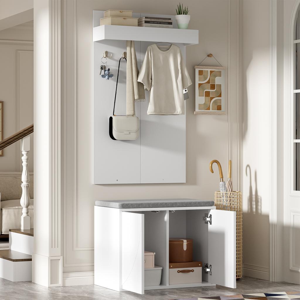 Coat Rack Set 3-in-1 Set – Clothes Rack with integrated 4 Hooks, Shoe Cabinet with two Doors and Shoe Bench. White,60×35×(45+100)cm