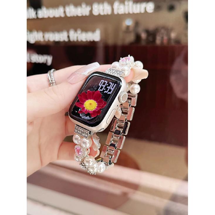 Pearl Beaded Bracelet for Apple Watch Bands for Women SE 11 40mm 41mm 42mm 38mm Dressy Metal Bling Jewelry Wristband Adjustable