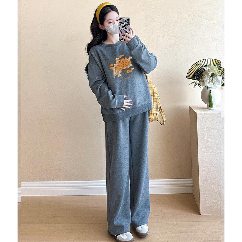 Беременность 2025 Весна/Осень Уличная Мода Темно-Серый Свитшот и Брюки Комплект