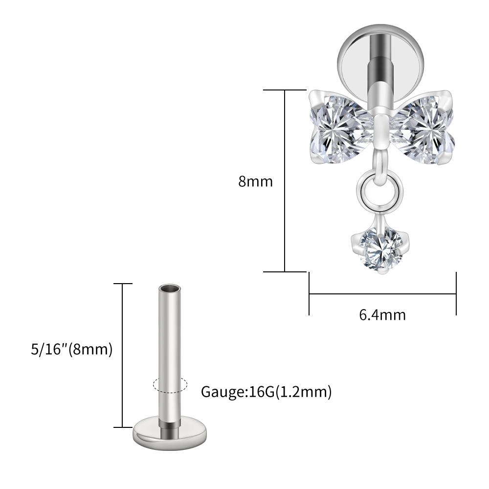 Right Grand ASTM F136 Titanium Bow Dangle CZ Piercing Labret Stud 16G Flat Back Helix Tragus Cartilage Earring Bridal Jewelry