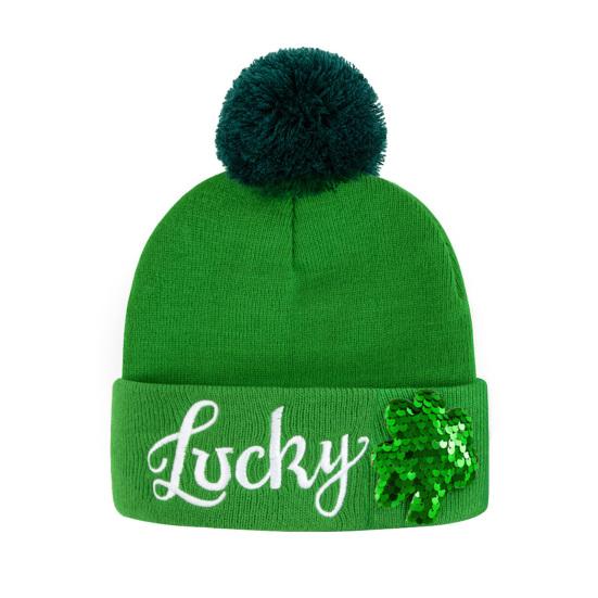 St. Patrick's Day Shamrock Hat Irish Cuffed Pom Knit Hat Green Sequins Clover Skull Cap for Women Men Party Costume Accessory