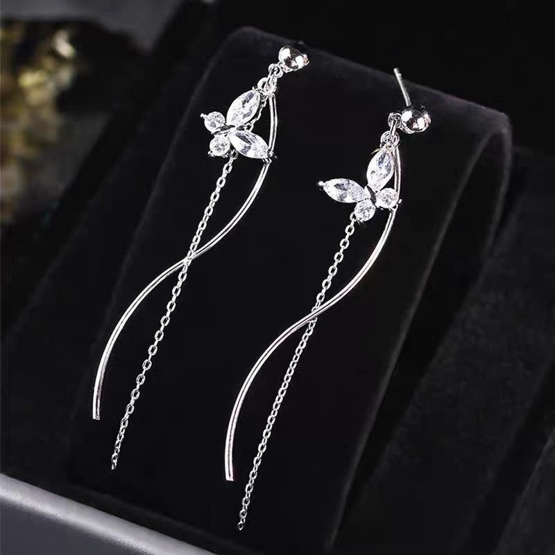 Butterfly Diamond Long Fringed Earrings Korean Version Simple Face Thin Temperament Earrings Ins Style Earrings