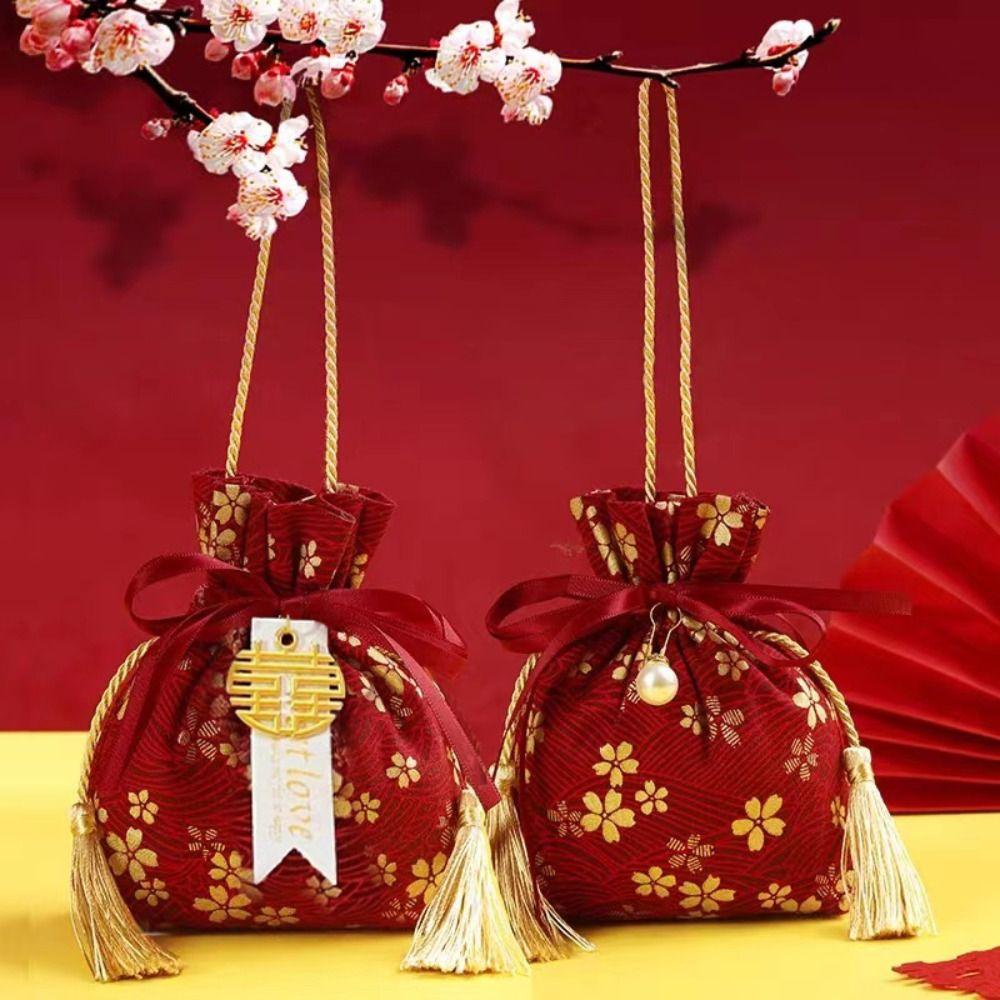 Pearl Pendant Canvas Flower Drawstring Bag Stripe Bowknot Floral Tassel Handbag Female/Girls
