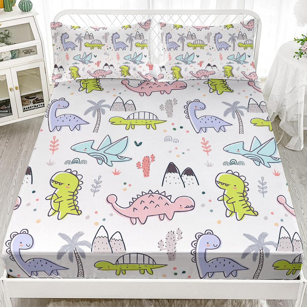 Многоцветный мультяшный узор с динозаврами, шапка на кровать из трех частей, цифровая печать, милый узор, постельный комплект