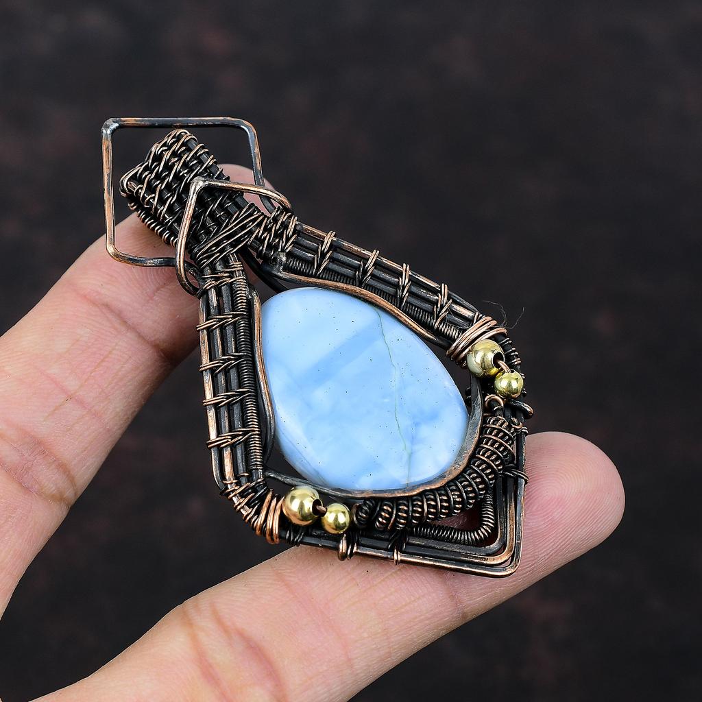 Подвеска Owyhee Blue Opal, подвеска с медной проволокой, высококачественные ювелирные изделия с драгоценными камнями, подвеска ручной работы, обмотанная медной проволокой, подарок для женщин