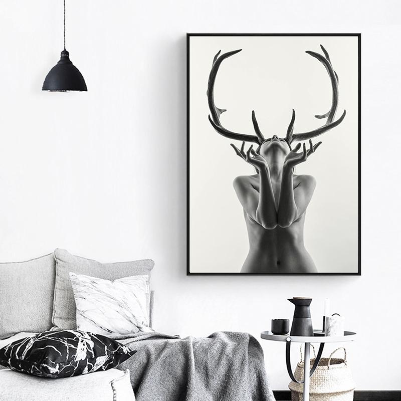 Nordic Simple Black and White Antlers Woman Model Abstract Canvas Painting Art Print Poster Wall Picture for Home Decoration