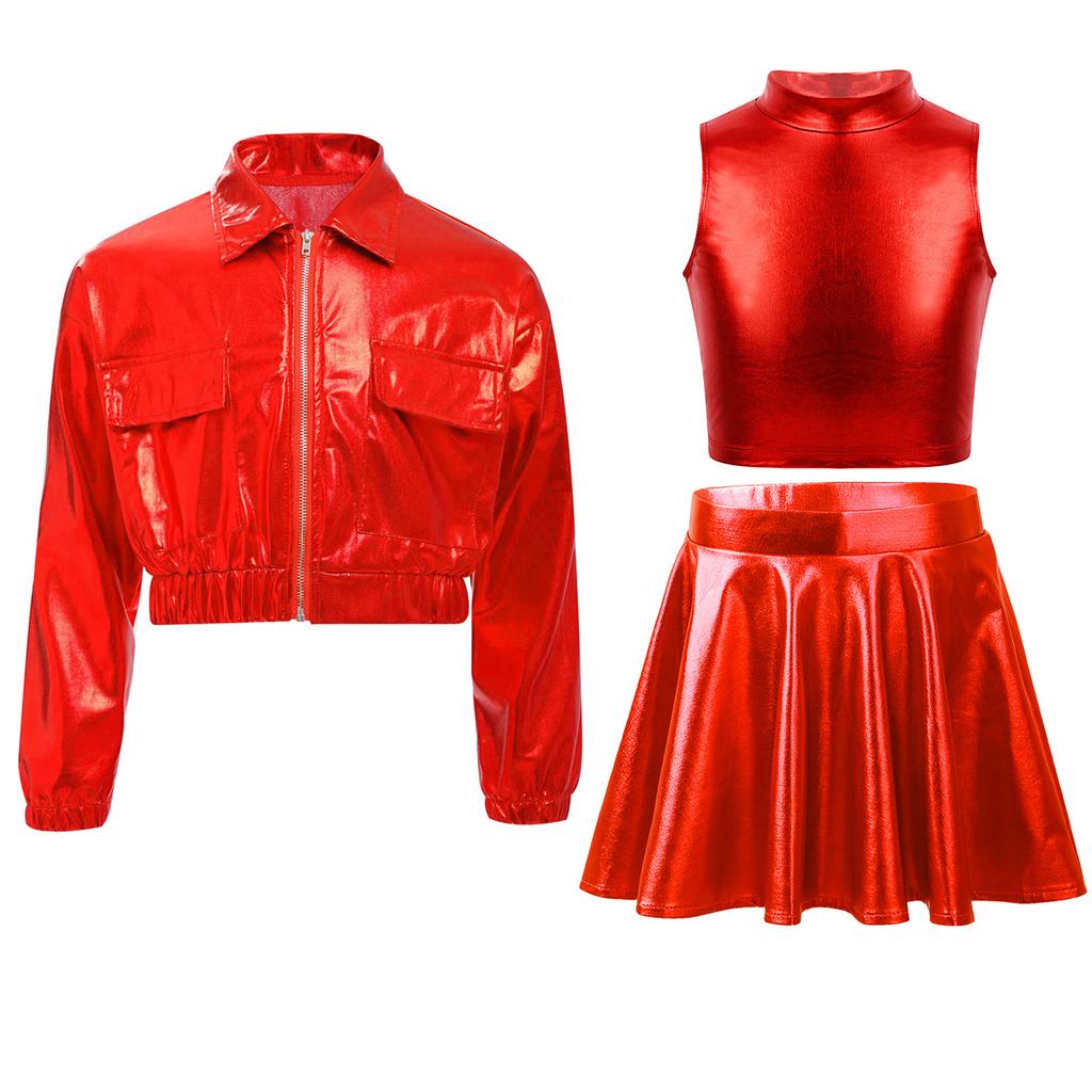 Metallic Shiny Jacket Set for Girls: Turn-Down Collar Long Sleeve Coat with Turtleneck Tank & High Waist A-Line Skirt