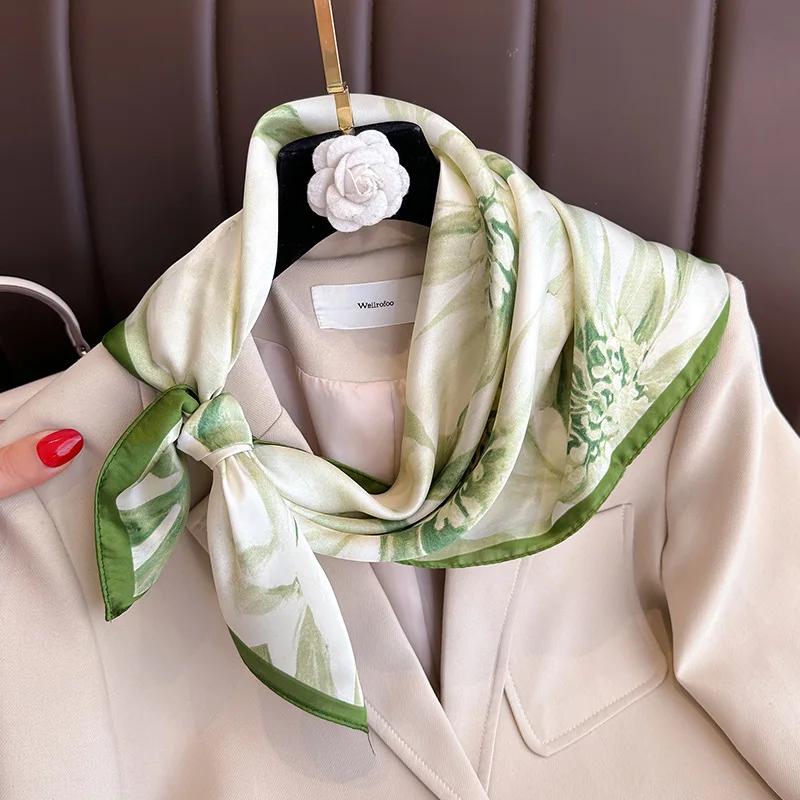 New Luxury Floral Print Silk Square Scarf for Women Soft Satin Kerchief Hairband Female Headband Hands Bag Ribbions Head Hijab