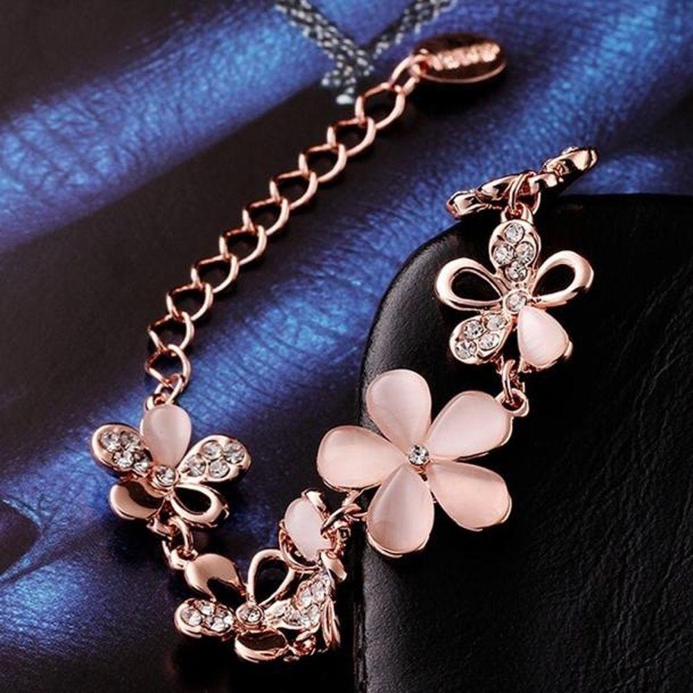 Pink 1 PC Rose Gold Women Bracelet Cat's Eye Opal Flower Chian
