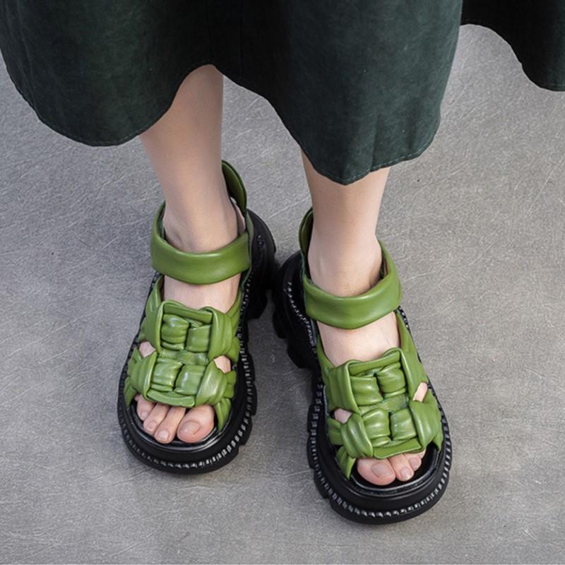 Johnature Дышащие сандалии с открытым носком из натуральной кожи ручной работы, ретро, для通勤, женская обувь на платформе
