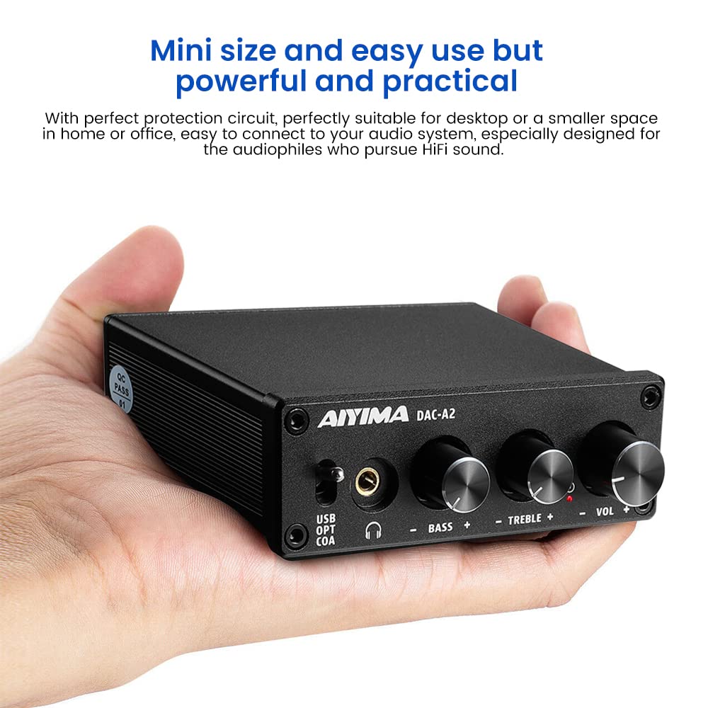 AIYIMA Headphone Amplifier Headphone Output Conversion Analog Desktop Audio Converter 5V 24Bit 192kHz DAC-A2 PC-USB/Optical/Coaxial Input, RCA/3.5mm