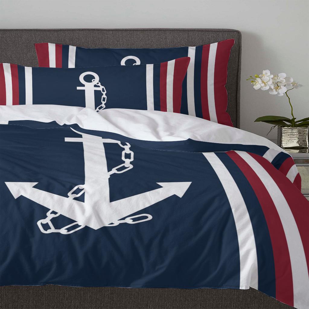 Вертикальная сине-красная полоса Белый якорь Пододеяльник с наволочкой На заказ 3 предмета Комплект постельного белья Покрывало Двуспальная кровать Домашний текстиль