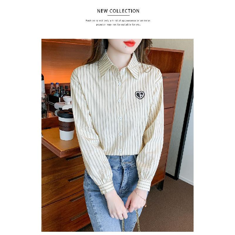 2026 New Women's Embroidered Cotton Shirt, Fashionable and Youthful Striped Long Sleeve Blouse