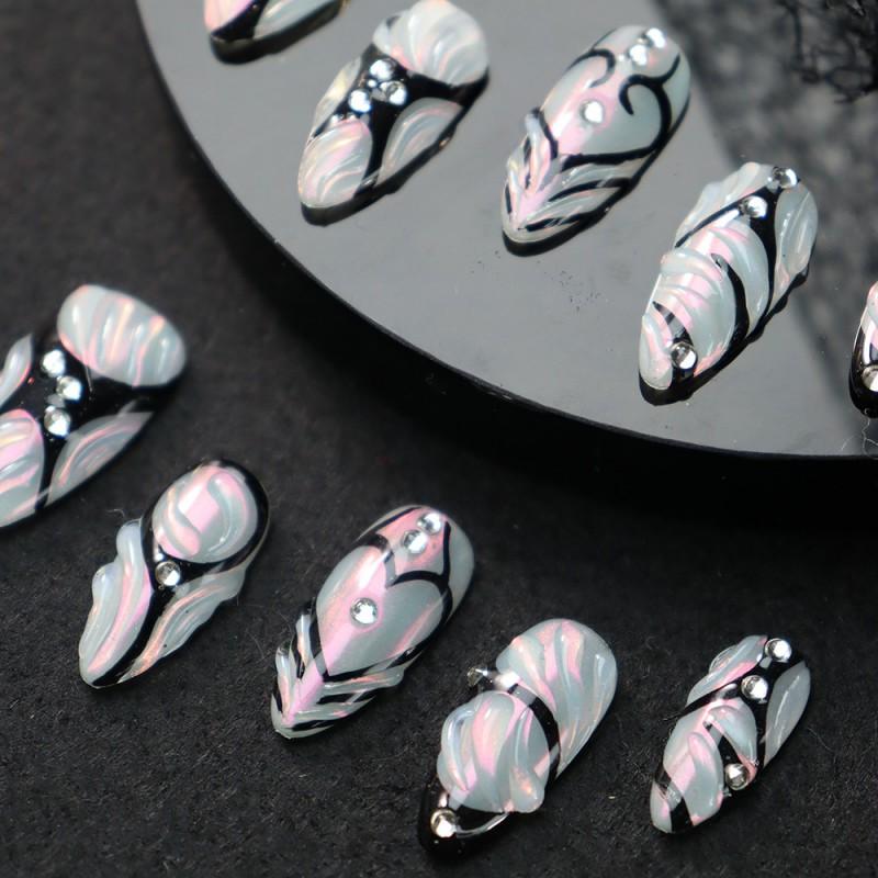 Gothic Style Press-On Nails With Hand-Painted Geometric Lines Black Holographic Effect Almond Shape Women