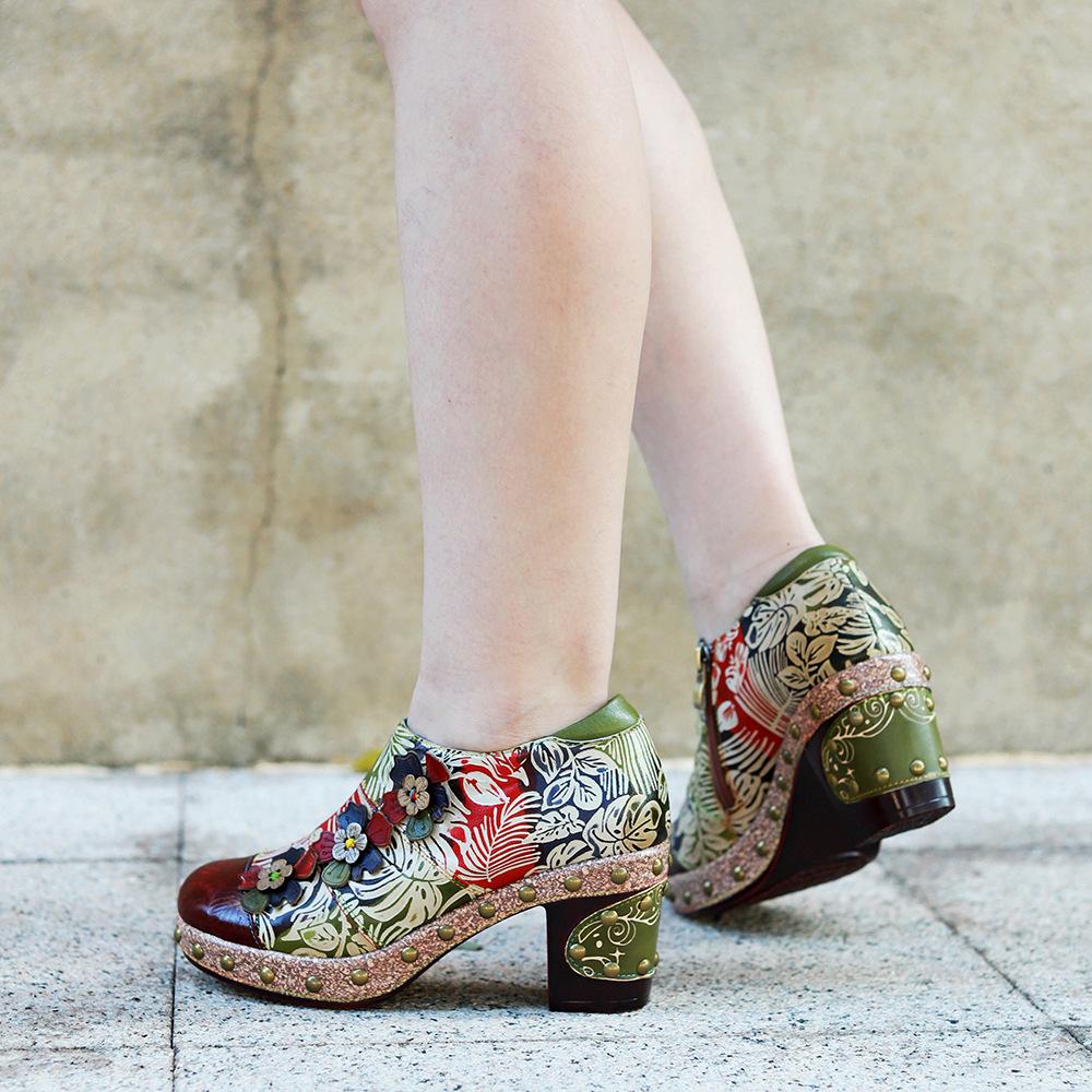 Винтажная женская обувь на высоких каблуках в стиле масляной живописи с цветочным рисунком, туфли без шнуровки из натуральной кожи в стиле ретро с круглым носком