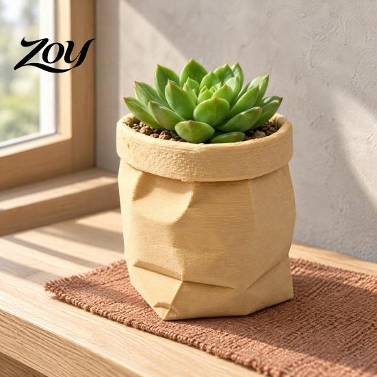 Modern Home Interior Decor Paper Bag Style Plant Pot, 3D Printed Creased Shaped Flower Pot Minimalist Vase & Pencil Holder for Office Decor,