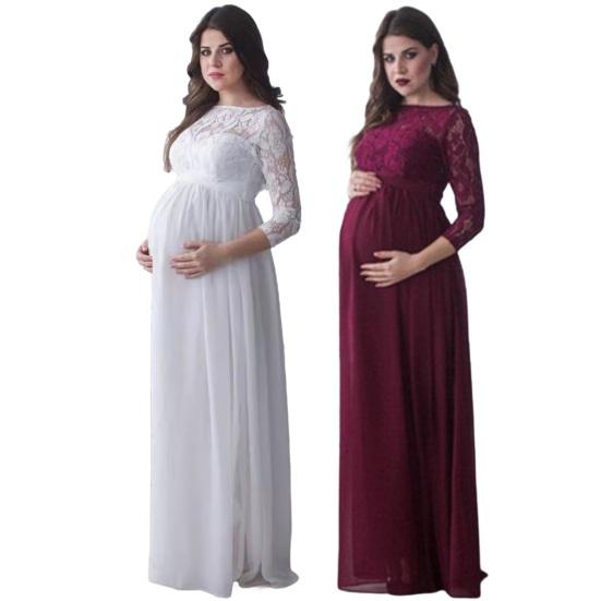 Платье для беременных женщин с кружевом, ажурной цветочной вышивкой, круглым вырезом, длинными рукавами, плиссированным макси-платьем для свадебной вечеринки, выпускного вечера, фотореквизита