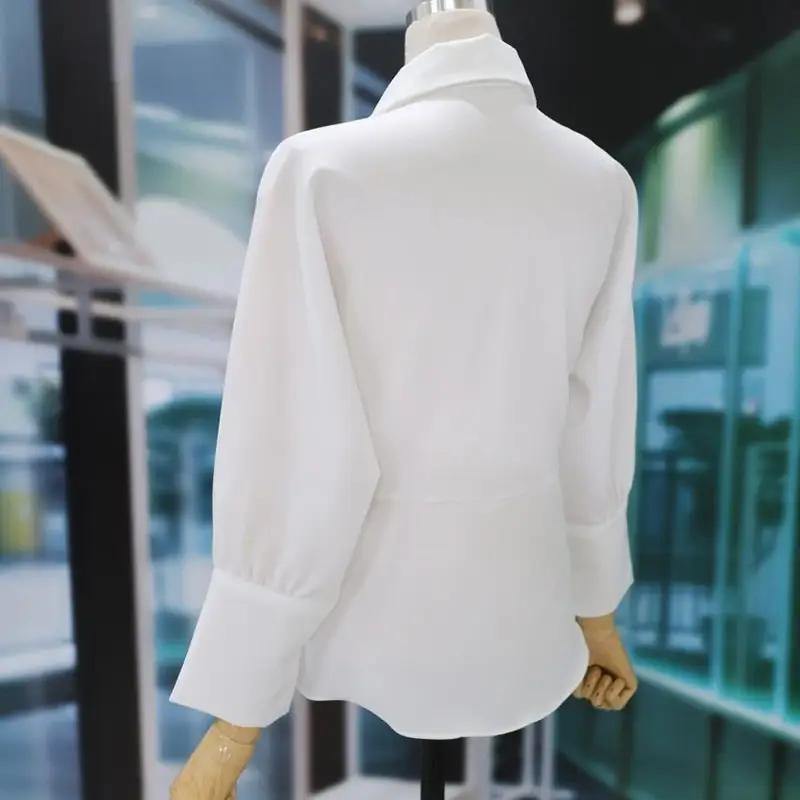 Lady Elegant Shirt Female Spring Fall Long-Sleeved Slim Pleated V-Neck Skinny Office Tops