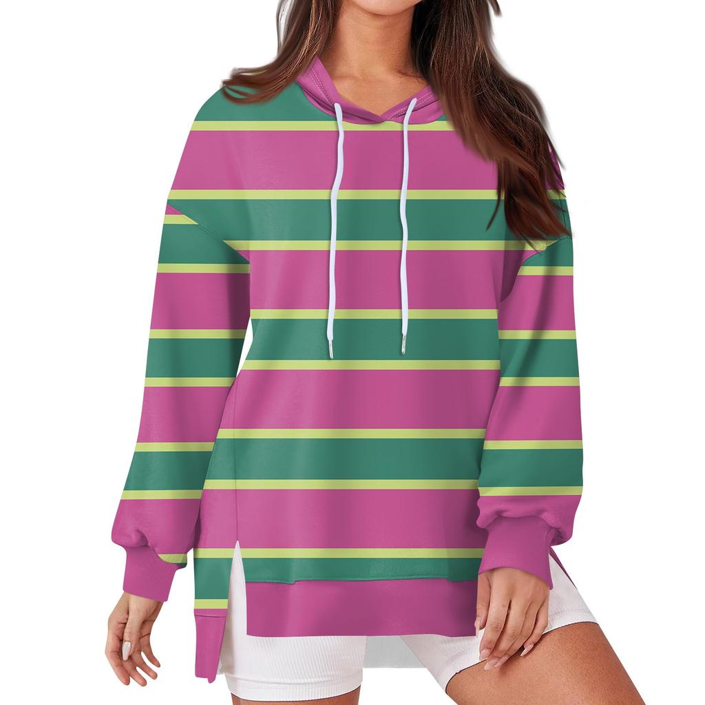 Женская модная повседневная толстовка с капюшоном с длинными рукавами и завязками, полосатая лоскутная принтованная свободная толстовка с разрезом