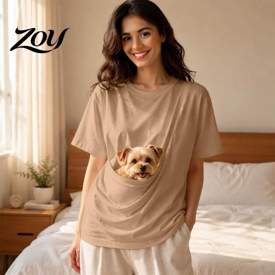Loose Fit T-shirt Women Pet Pouch T-Shirt, Dog Cat Carrier Short Sleeve Shirt for Breathable Tee Summer, Casual Crew Neck Top with Large Pocket