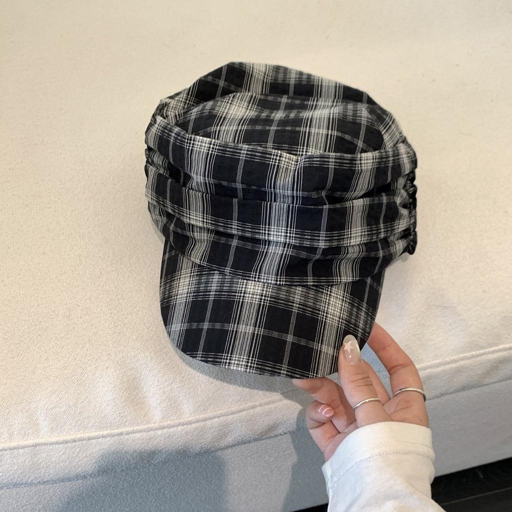 Japanese Retro Striped Plaid Equestrian Hat Women'S Spring And Summer Versatile Face Small Flat Top Hat Sun Protection Shade Cap