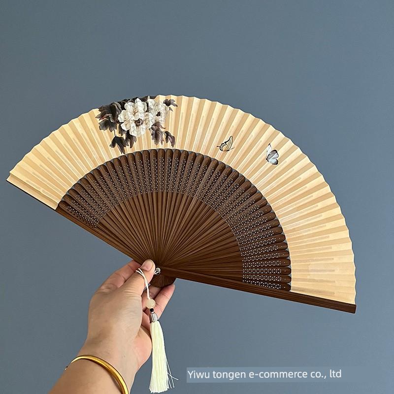 Traditional Folding Paper Fan for Men and Women, Summer Portable Double-Sided Retro Chinese Style Blank Yellow Bamboo Fan