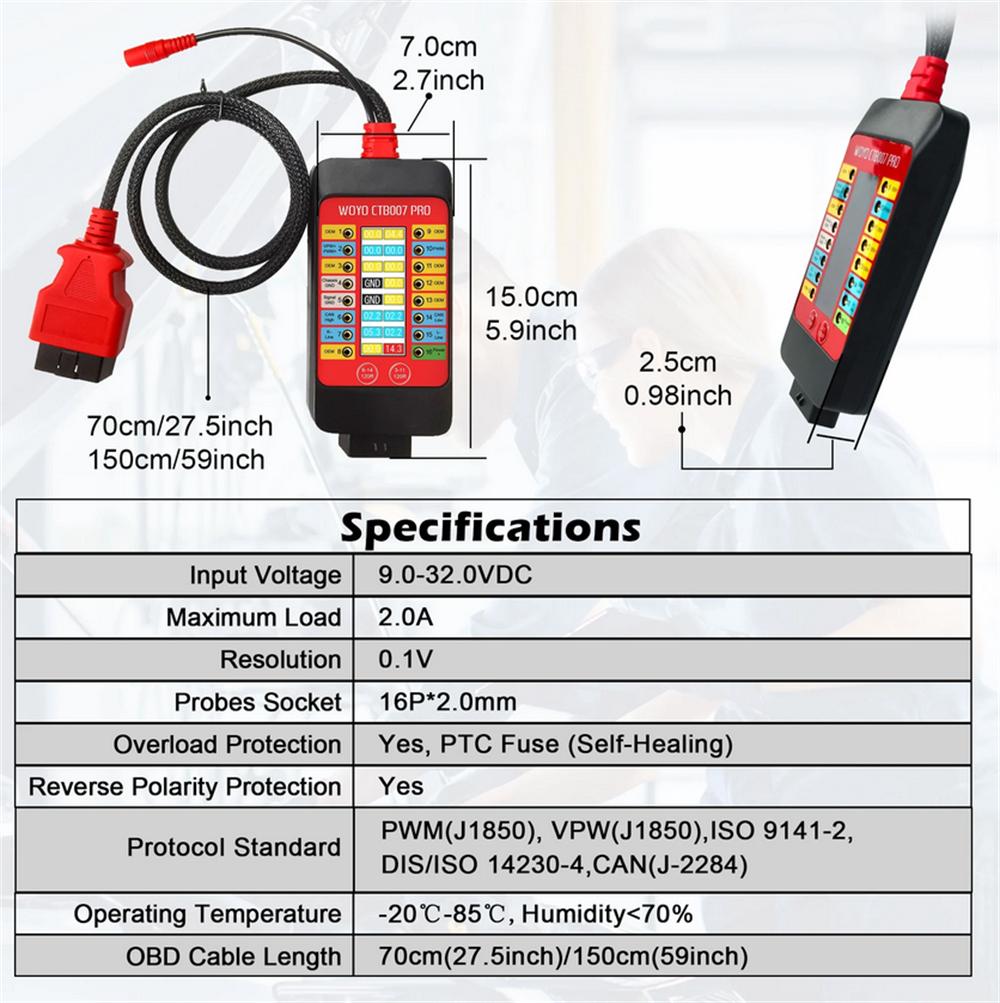 WOYO CTB007PRO OBD2 Универсальный пусковой блок Цифровой дисплей Диагностический адаптер с удлинительным кабелем 70 см