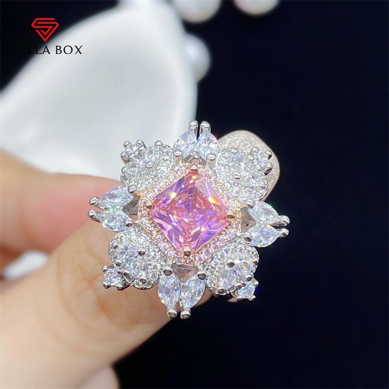 BELLA BOX Delicate Luxury Square Flower Pink Shape Opening Rings For Women Zircon Wedding Engagement Party Fine Personalized Jewelry Gift