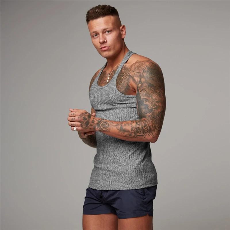 Muscleguys Однотонные летние майки для бега, быстросохнущие, вязаные, майки для зала, фитнеса, без рукавов, в полоску, приталенные, мужская одежда для бодибилдинга