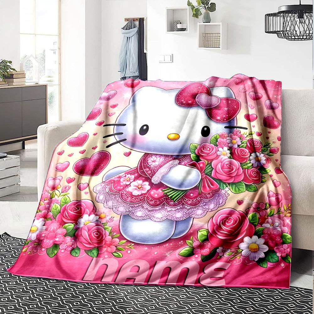 Hello Kitty Holding A Bouquet Of Flowers With Hearts And The Word At The Bottom Cozy Customizable Blanket Customize Your Name Comfortable Texture
