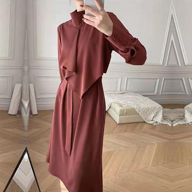 Женское платье с воротником-стойкой и длинным рукавом, тонкое женское платье трапециевидной формы с поясом, M-3XL