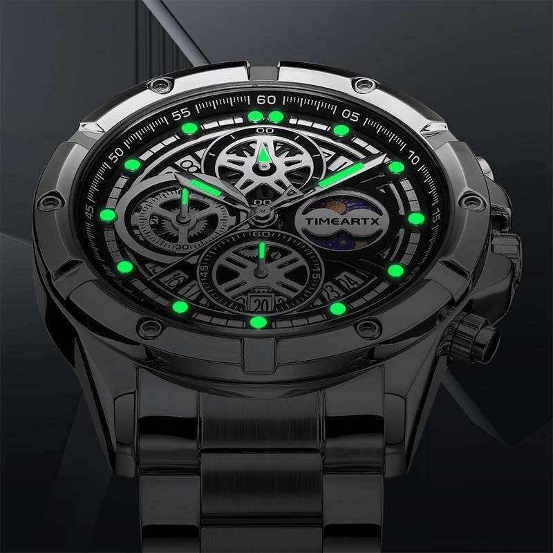 TIMEARTX Men's Watch Luxury Quartz Watch Stainless Steel Strap Moon Phase Multi-Color Dial Business Waterproof Watch