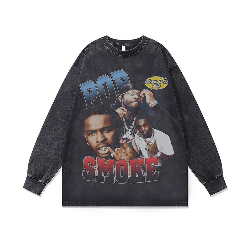 Стирка Ретро Стираная Толстовка с Круглым Вырезом Осень и Зима Новая Американский Хип-Хоп Нижний Слой с Длинным Рукавом Футболка для Мужчин и Женщин