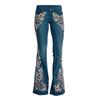 Yousheng Women Jeans Floral Embroidery Flared Leg Button Zipper Closure with Pockets Mid Waist Plus Size Long Trousers for Dating Daily Wear Commuting
