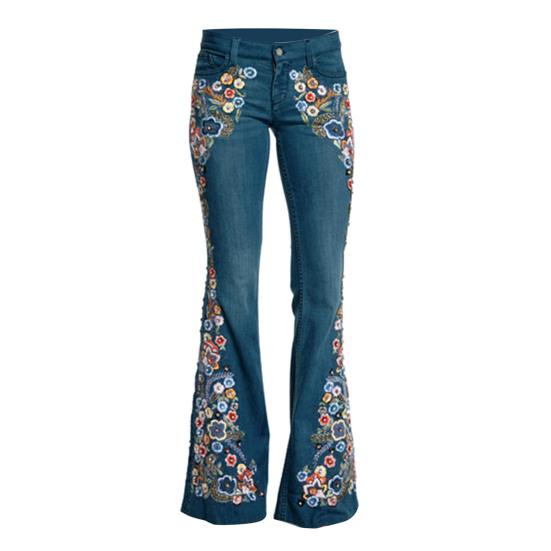 Yousheng Women Jeans Floral Embroidery Flared Leg Button Zipper Closure with Pockets Mid Waist Plus Size Long Trousers for Dating Daily Wear Commuting