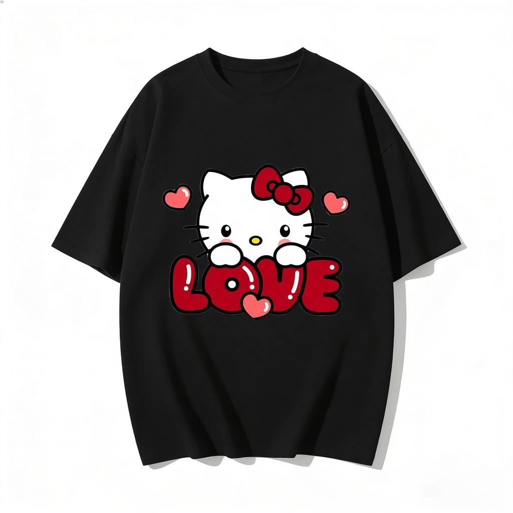 2026 Hello Kitty Cartoon Printed Short Sleeve Summer Cotton Tshirt Flower Comfortable summer loose Tshirt for Women