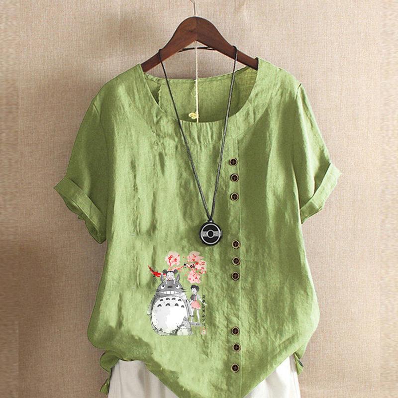 Женская мода, футболка с коротким рукавом и круглым вырезом, повседневная хлопково-льняная рубашка с рисунком, свободная летняя блузка с героями мультфильмов для отдыха, топы